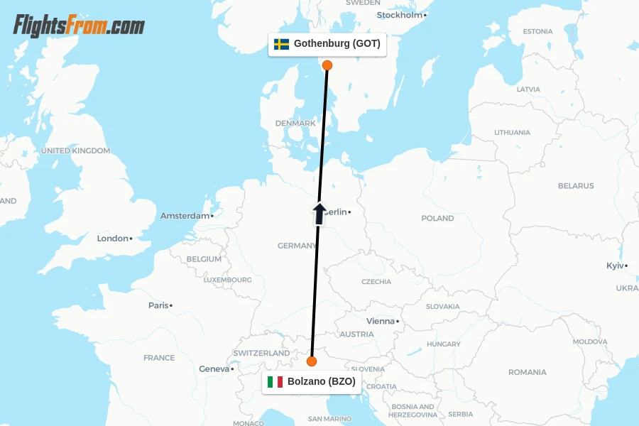 Flights from Bolzano to Gothenburg route map