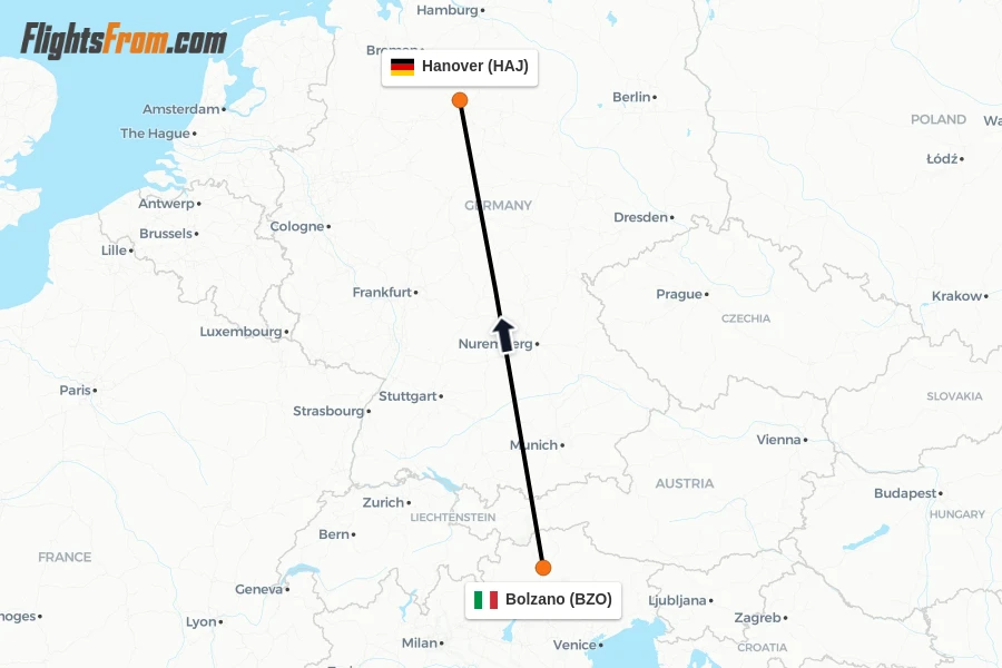 Flights from Bolzano to Hanover route map