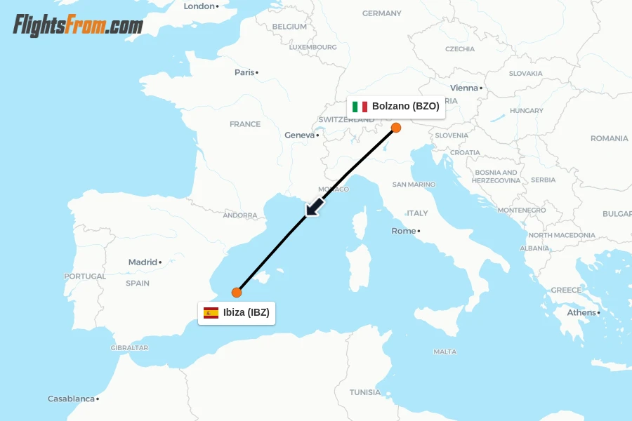 Flights from Bolzano to Ibiza route map