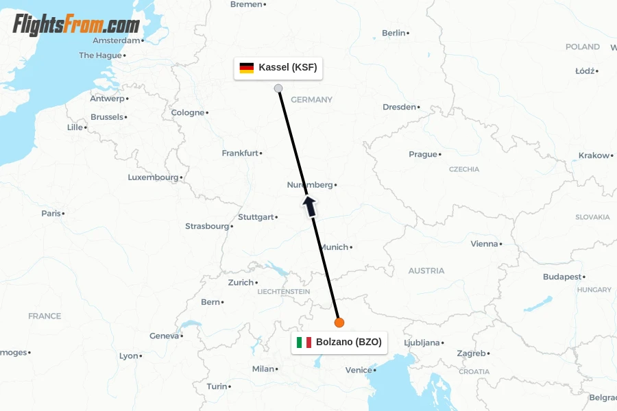 Flights from Bolzano to Kassel route map