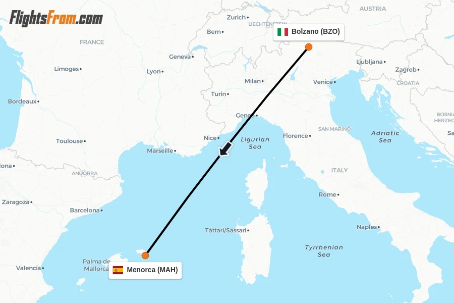 Flights from Bolzano to Menorca route map