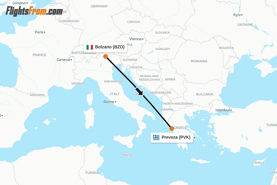 Flights from Bolzano to Preveza route map