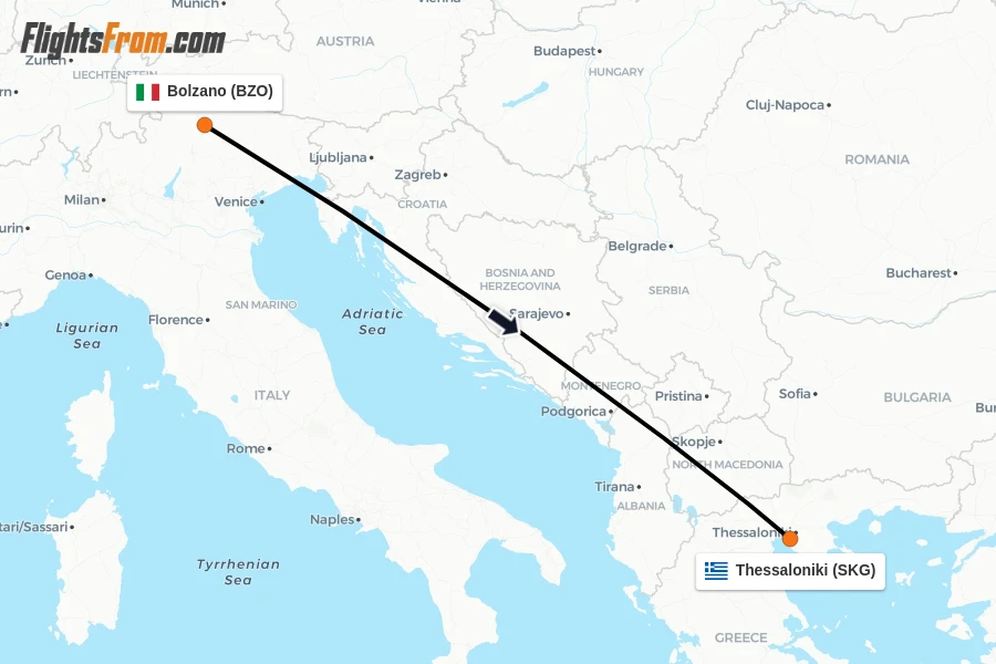 Flights from Bolzano to Thessaloniki route map