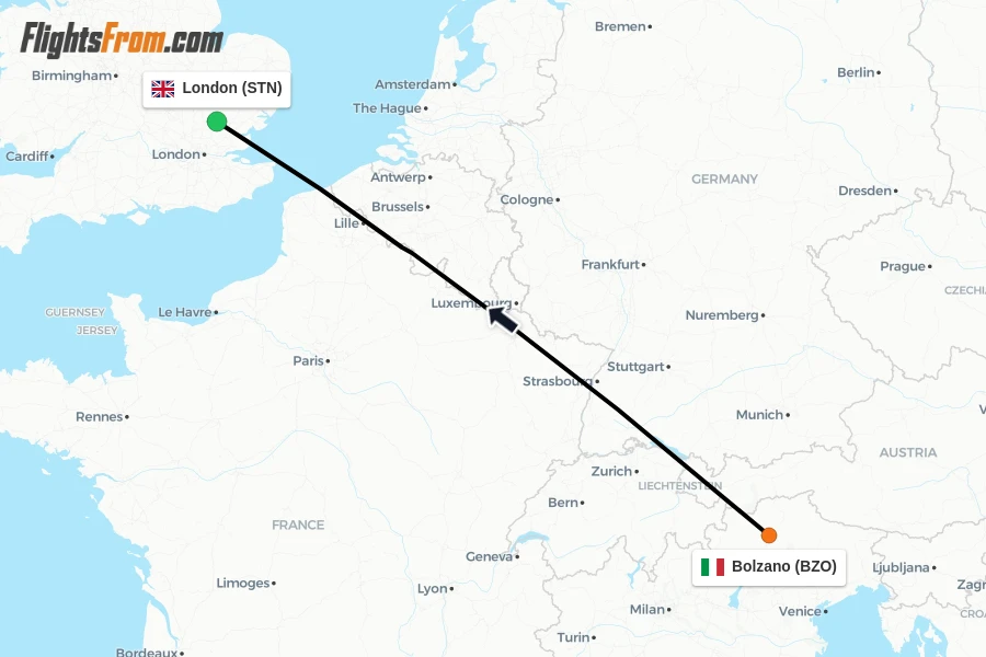 Flights from Bolzano to London route map