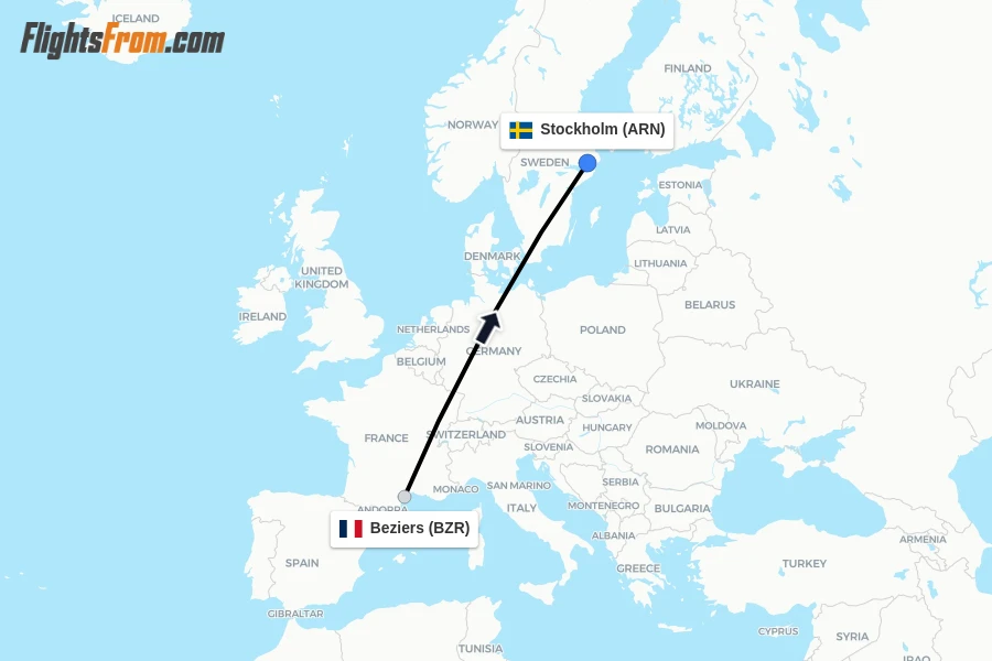 Flights from Beziers to Stockholm route map