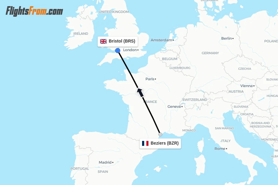Flights from Beziers to Bristol route map