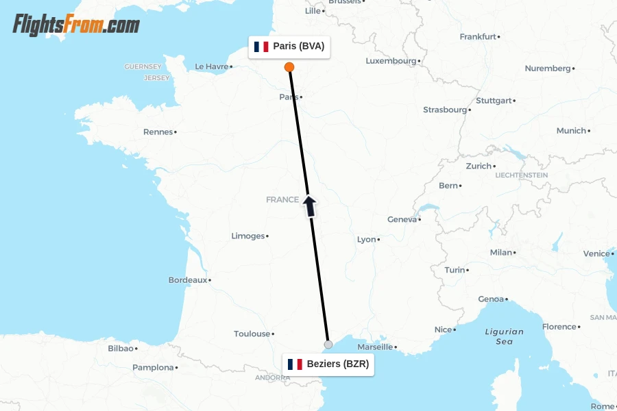Flights from Beziers to Paris route map