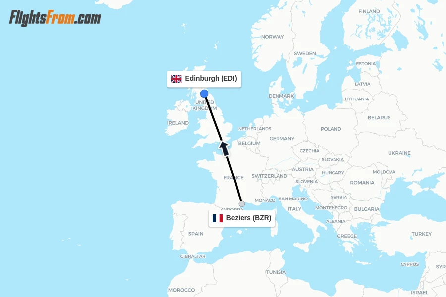 Flights from Beziers to Edinburgh route map