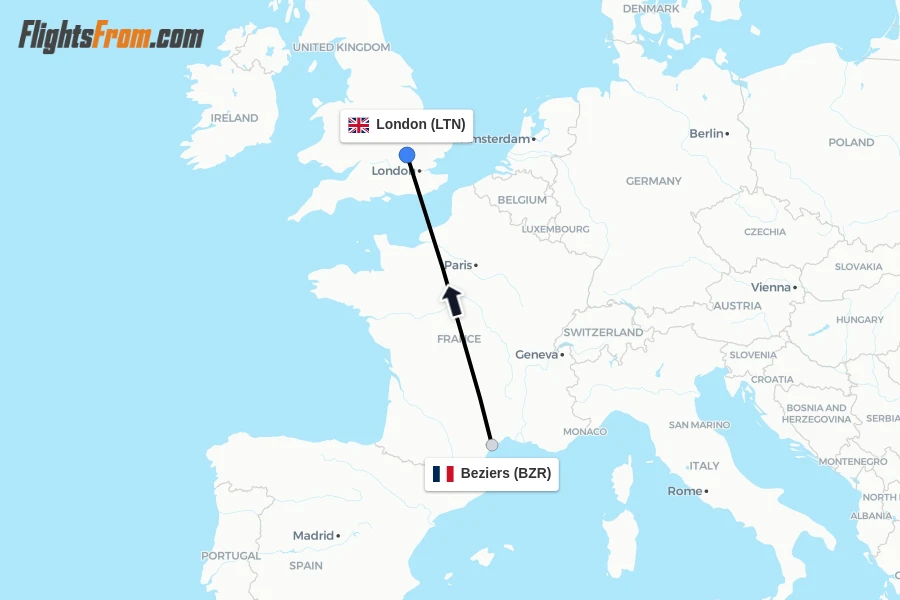 Flights from Beziers to London route map