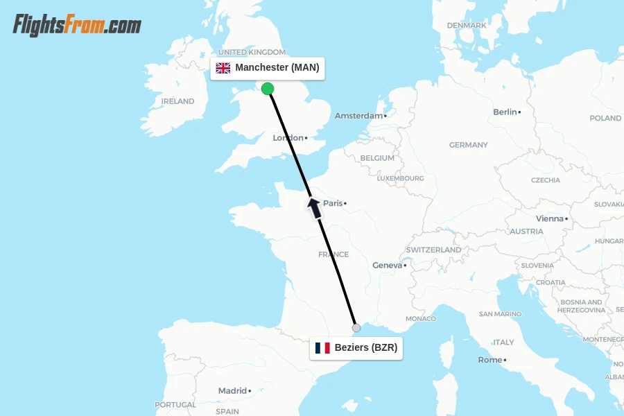 Flights from Beziers to Manchester route map
