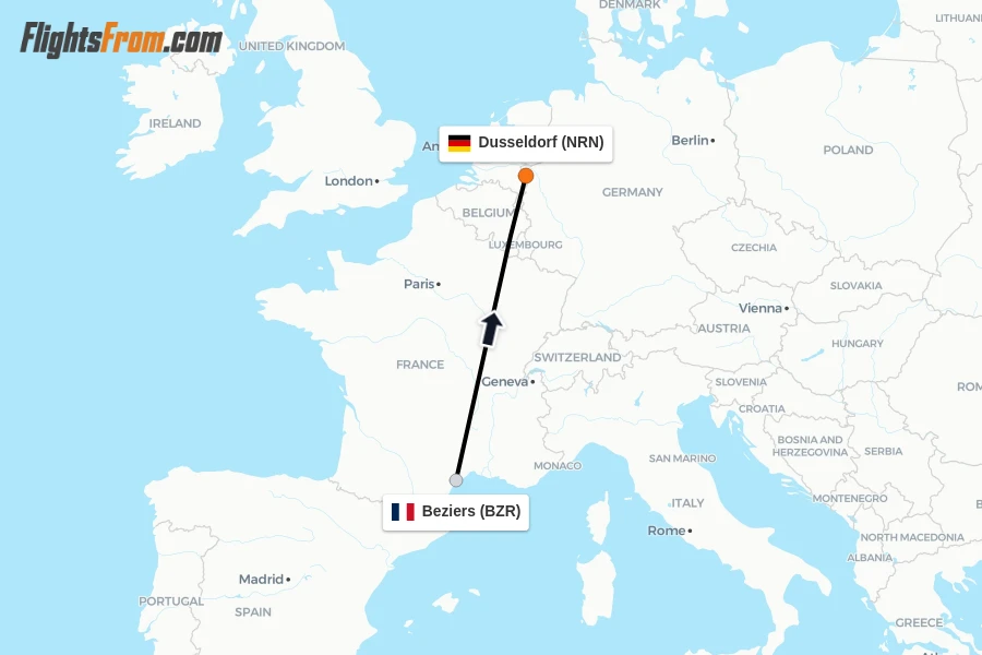 Flights from Beziers to Dusseldorf route map