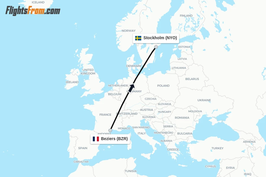 Flights from Beziers to Stockholm route map