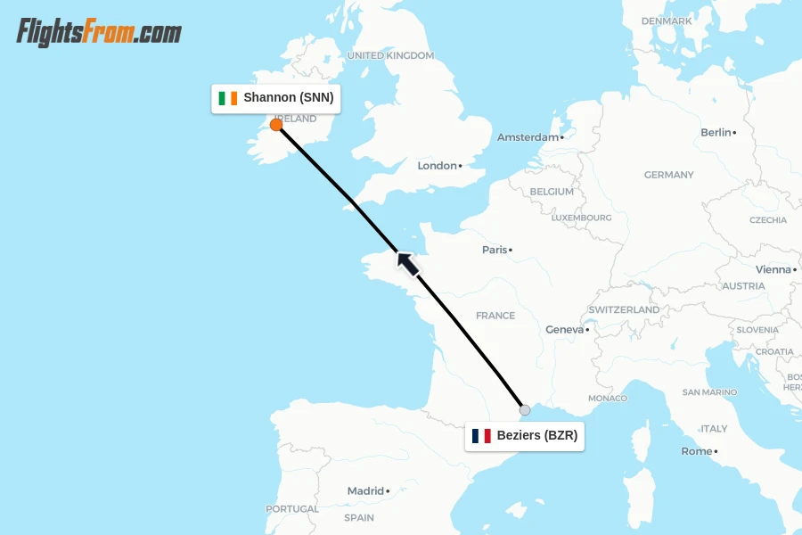 Flights from Beziers to Shannon route map