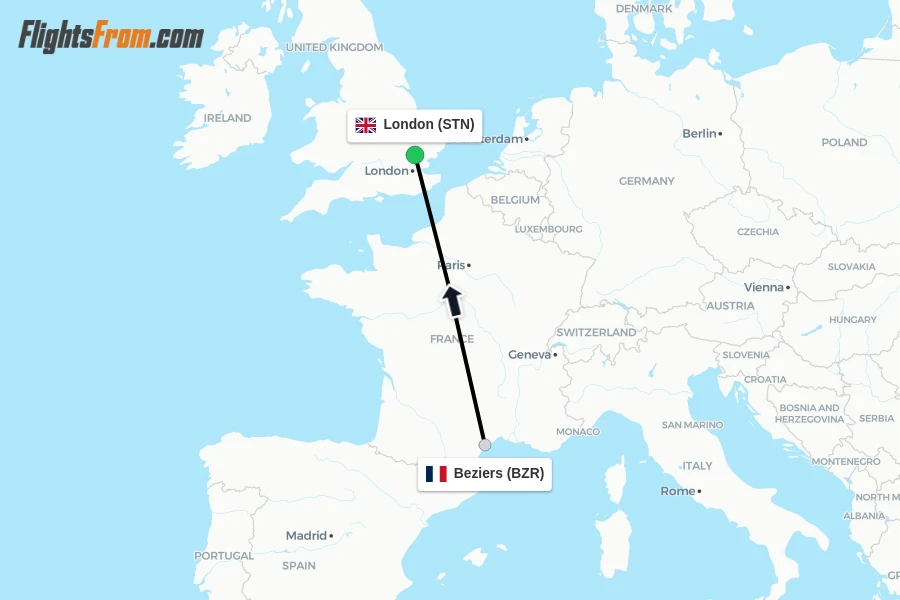 Flights from Beziers to London route map