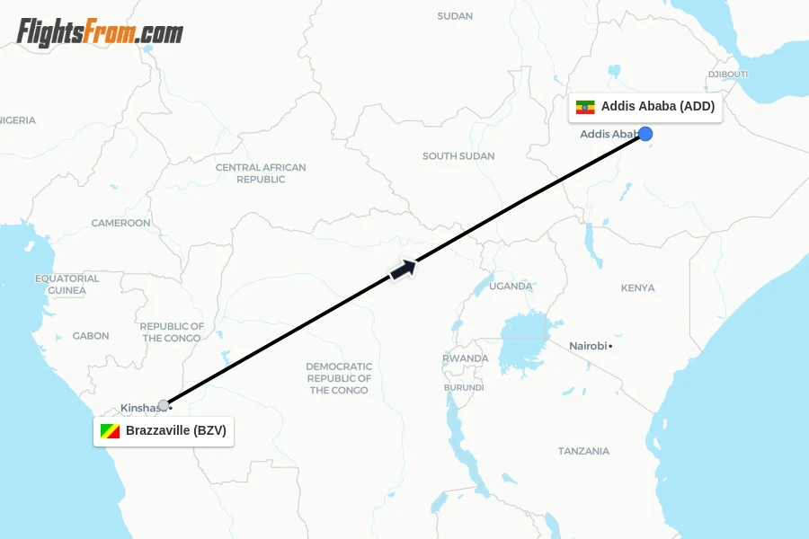 Flights from Brazzaville to Addis Ababa route map