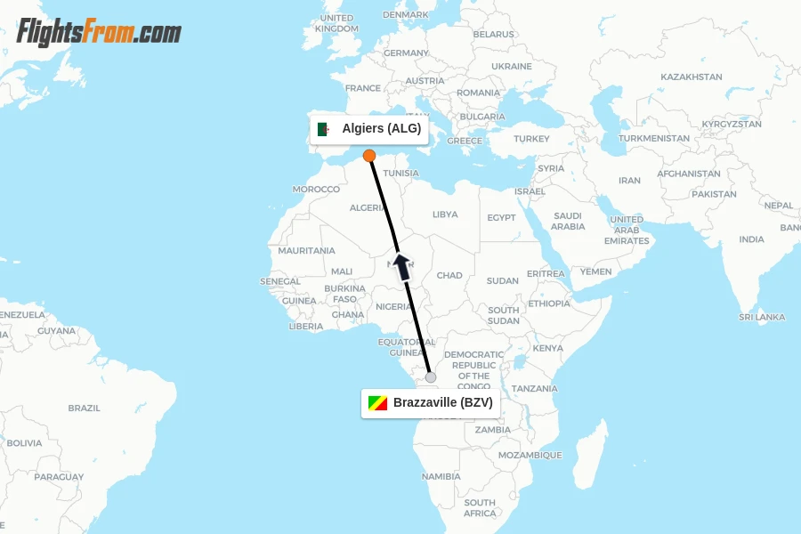 Flights from Brazzaville to Algiers route map