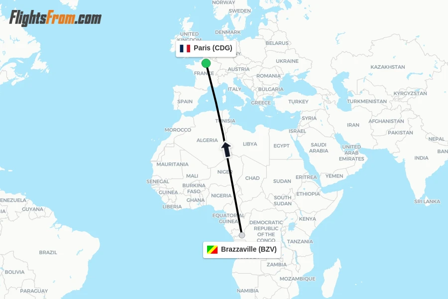 Flights from Brazzaville to Paris route map