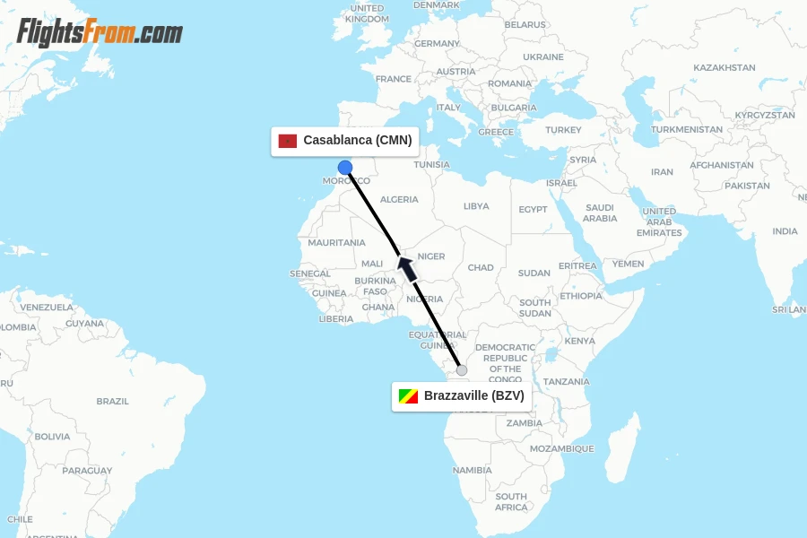 Flights from Brazzaville to Casablanca route map