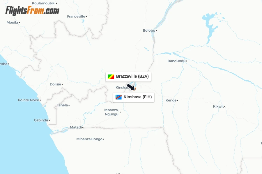 Flights from Brazzaville to Kinshasa route map