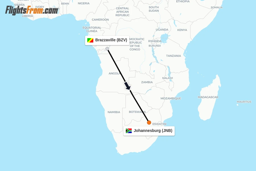 Flights from Brazzaville to Johannesburg route map