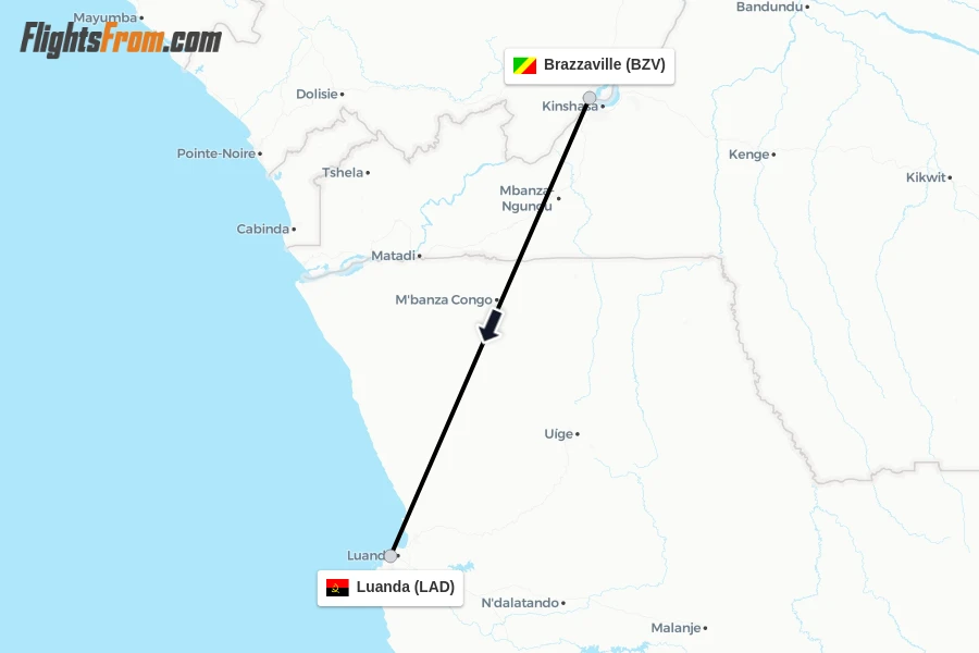 Flights from Brazzaville to Luanda route map