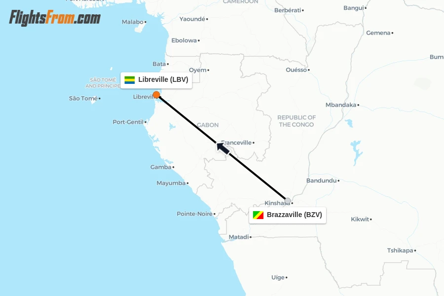 Flights from Brazzaville to Libreville route map