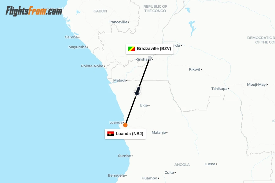 Flights from Brazzaville to Luanda route map
