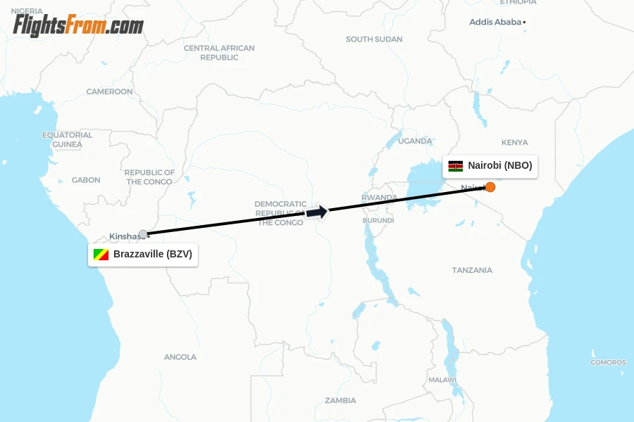 Flights from Brazzaville to Nairobi route map