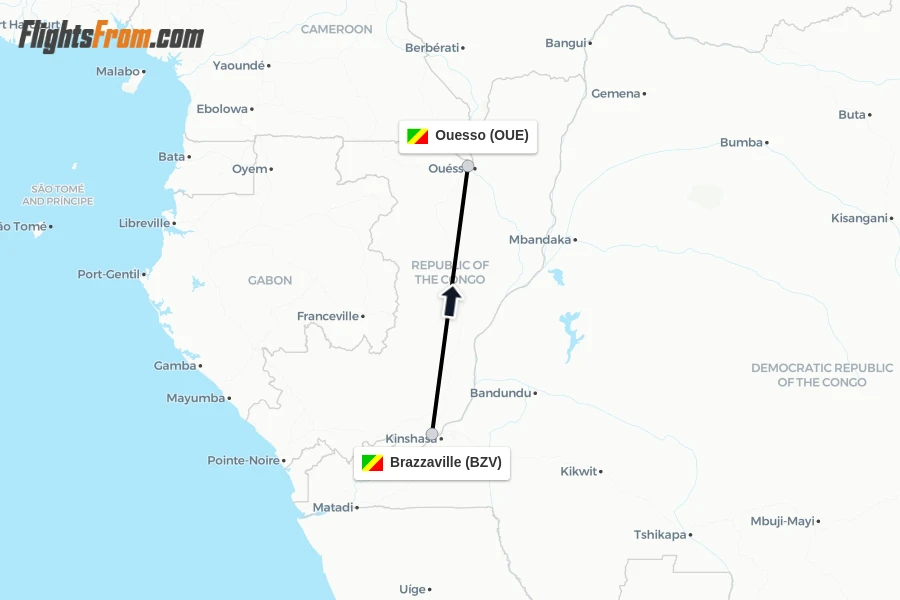 Flights from Brazzaville to Ouesso route map