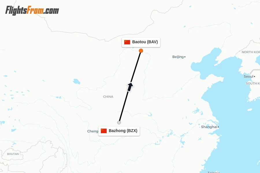 Flights from Bazhong to Baotou route map