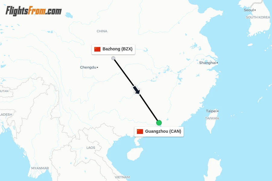 Flights from Bazhong to Guangzhou route map
