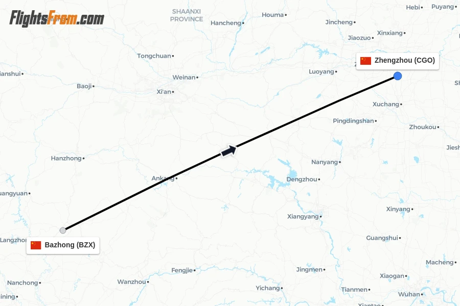 Flights from Bazhong to Zhengzhou route map