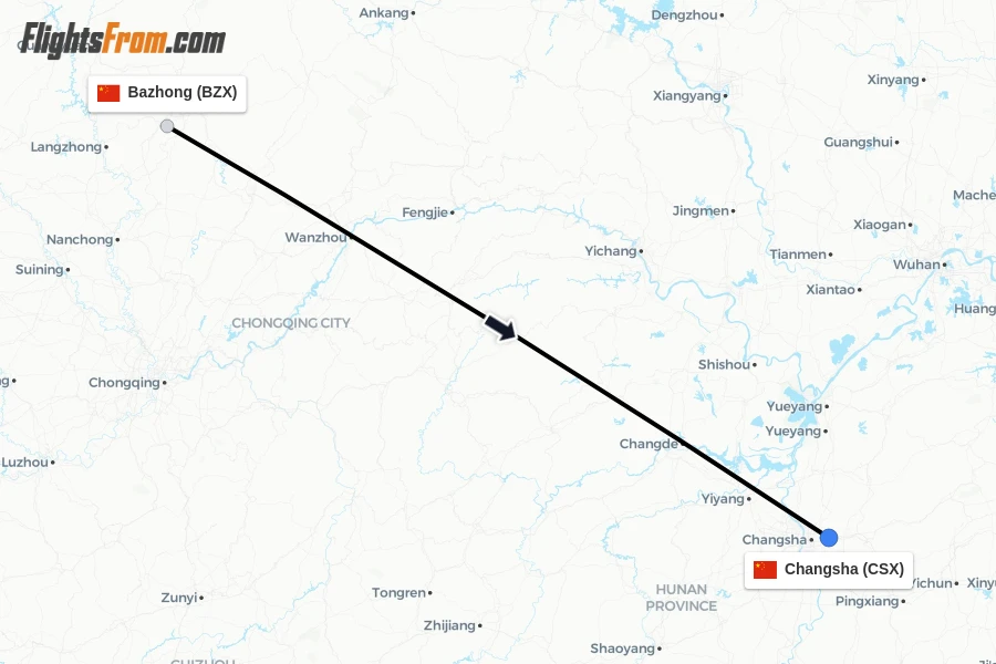 Flights from Bazhong to Changsha route map