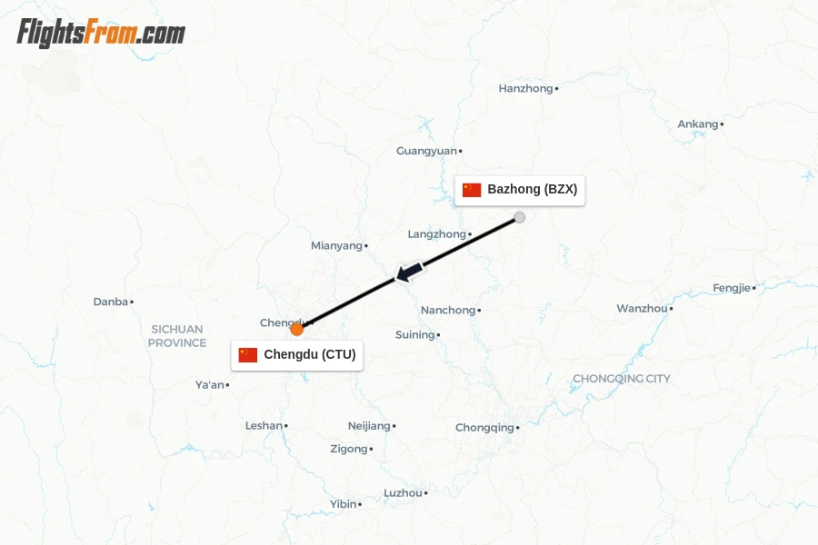 Flights from Bazhong to Chengdu route map