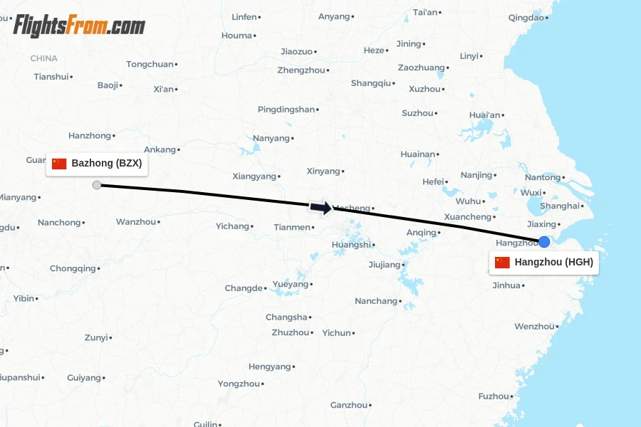 Flights from Bazhong to Hangzhou route map