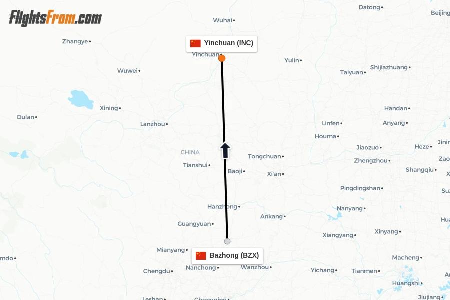 Flights from Bazhong to Yinchuan route map