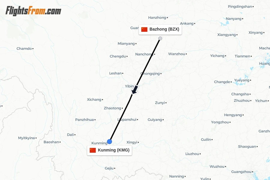 Flights from Bazhong to Kunming route map