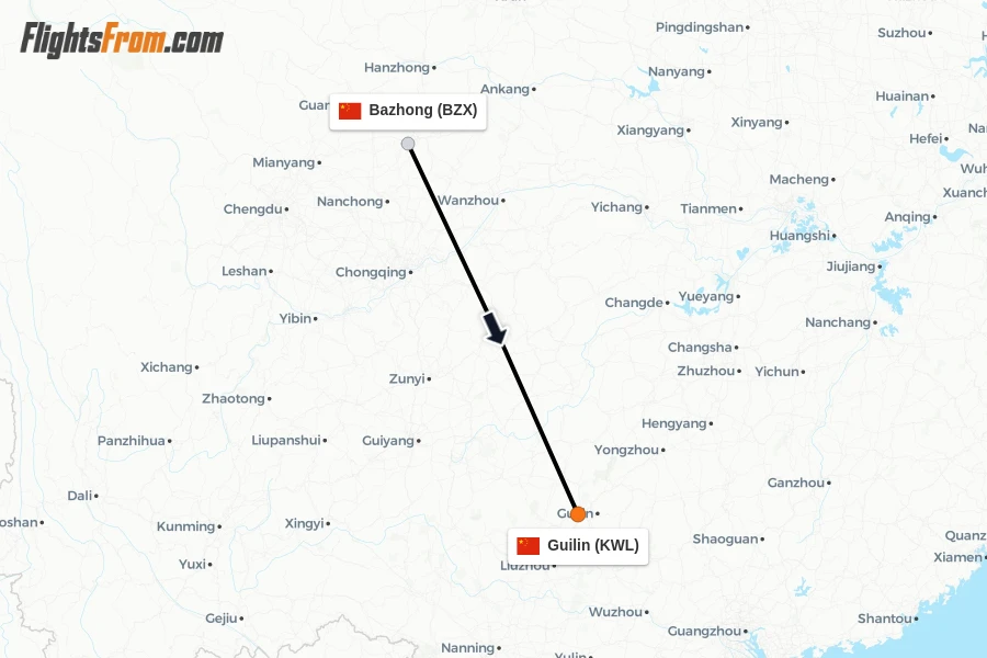 Flights from Bazhong to Guilin route map