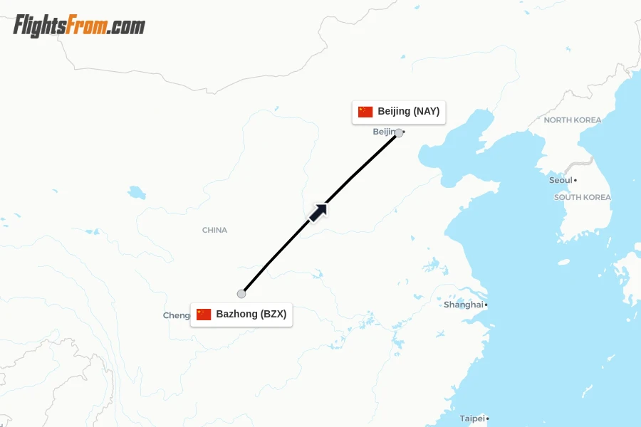 Flights from Bazhong to Beijing route map