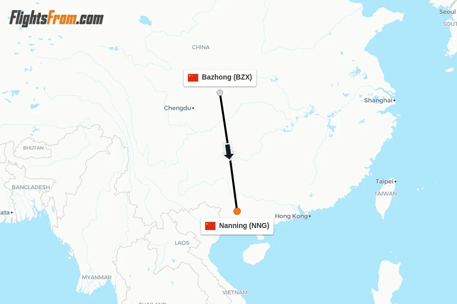 Flights from Bazhong to Nanning route map