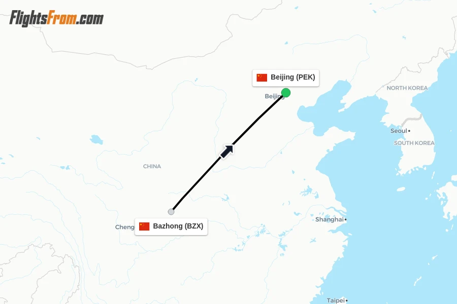 Flights from Bazhong to Beijing route map