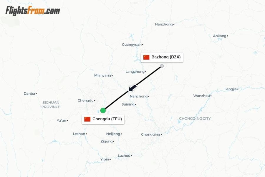 Flights from Bazhong to Chengdu route map