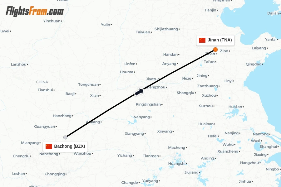 Flights from Bazhong to Jinan route map