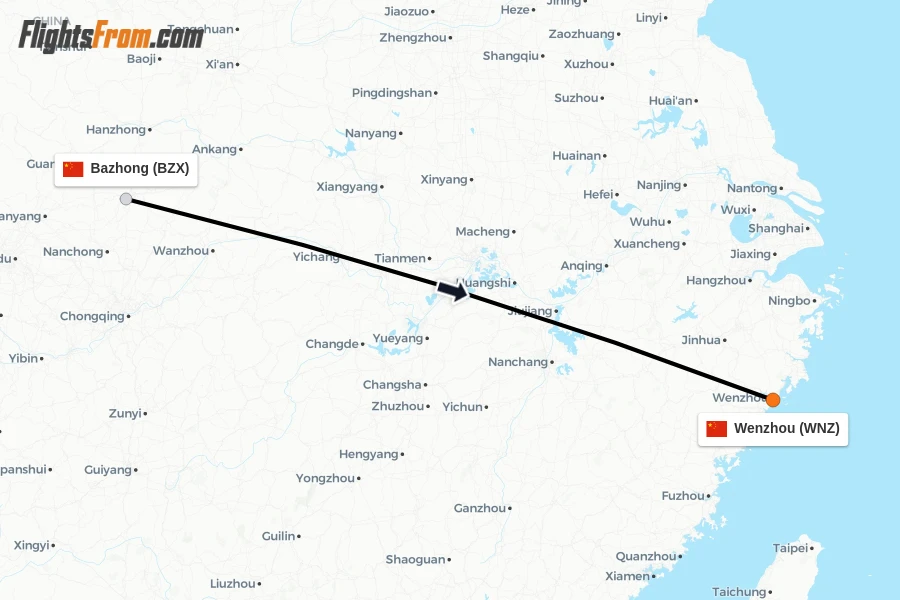 Flights from Bazhong to Wenzhou route map
