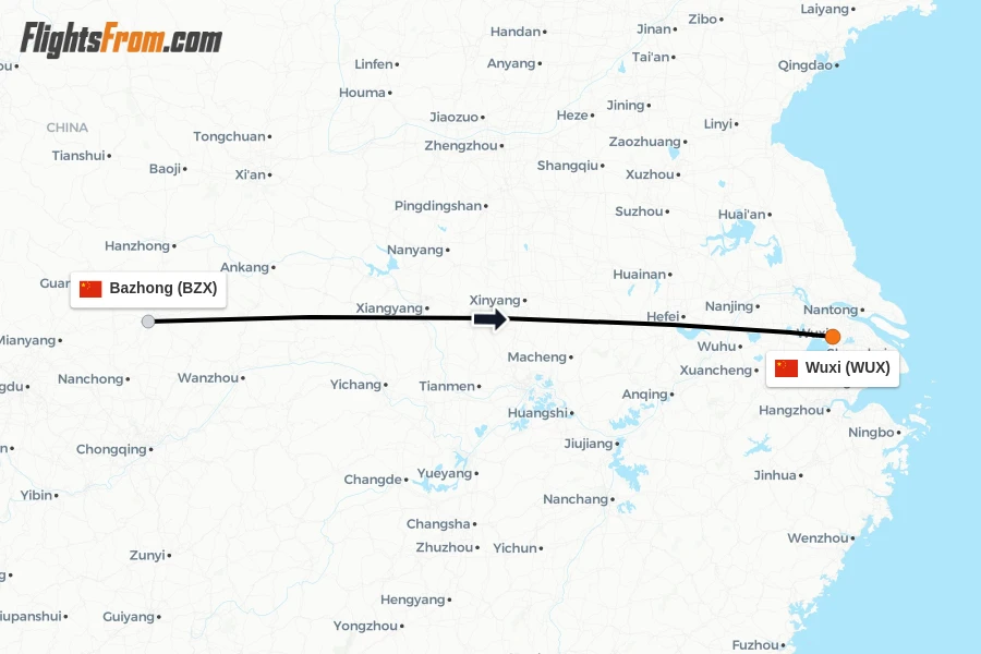 Flights from Bazhong to Wuxi route map
