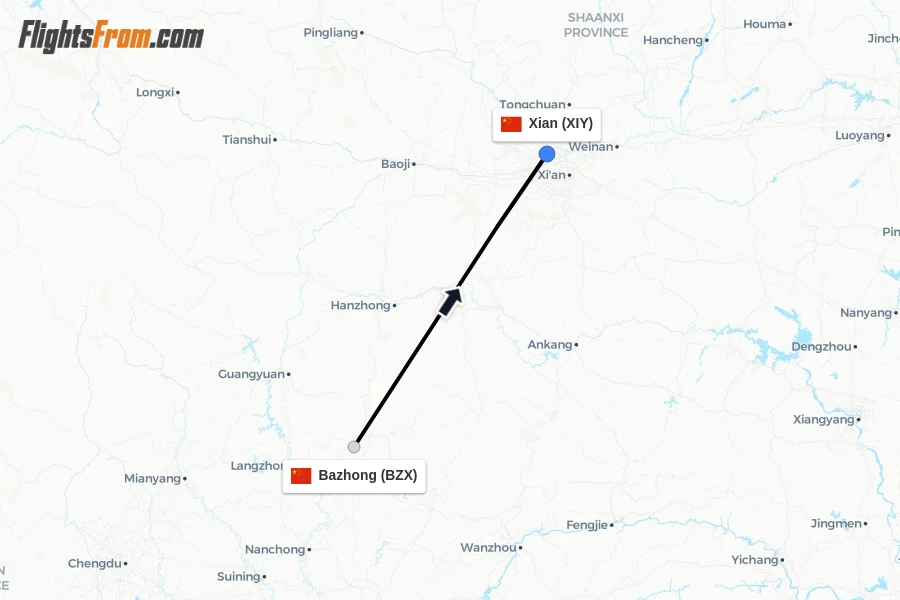 Flights from Bazhong to Xian route map