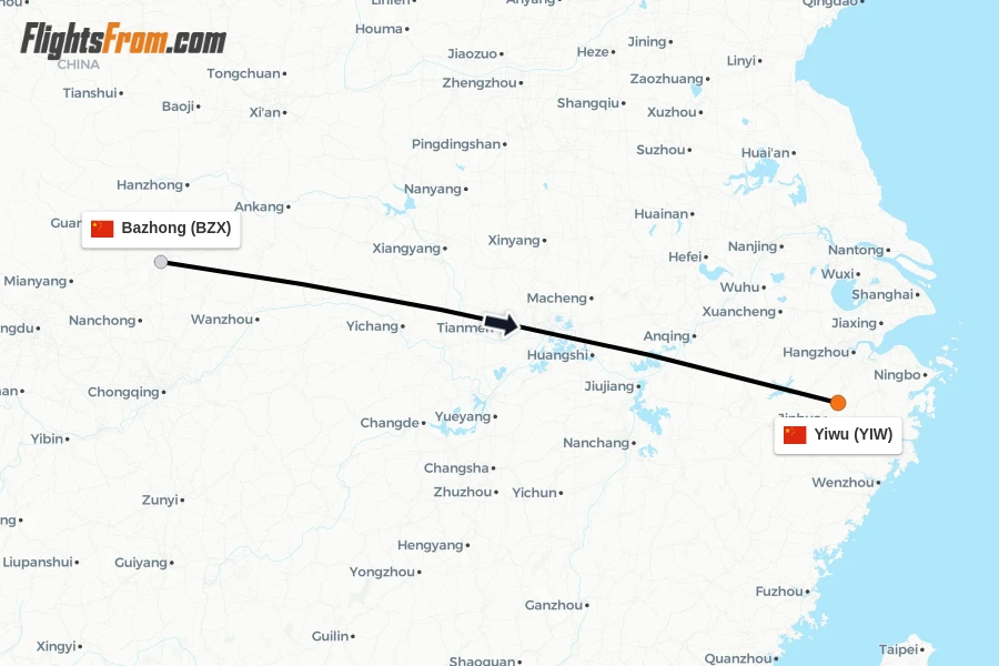 Flights from Bazhong to Yiwu route map