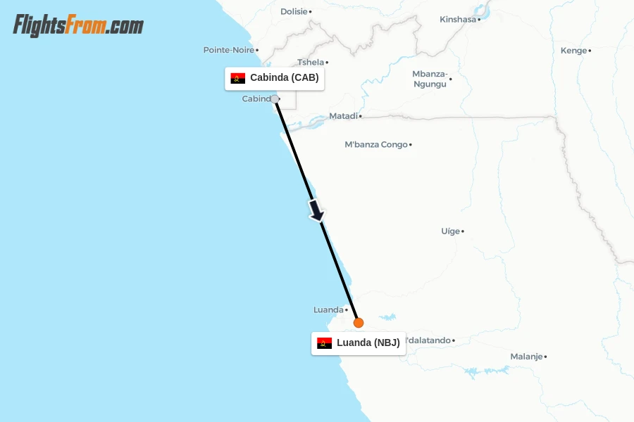 Flights from Cabinda to Luanda route map