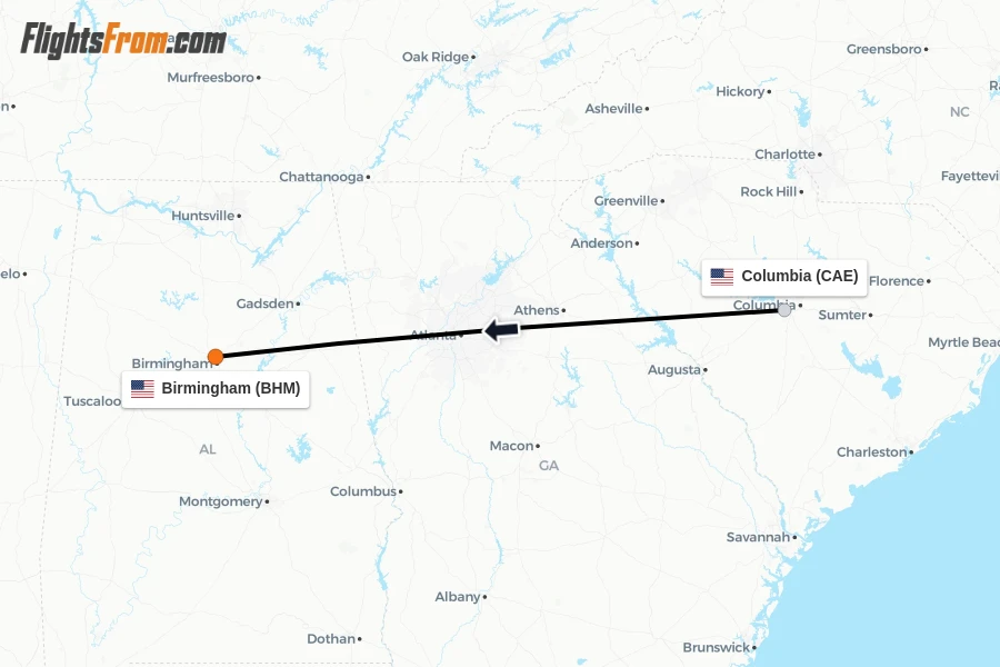 Flights from Columbia to Birmingham route map