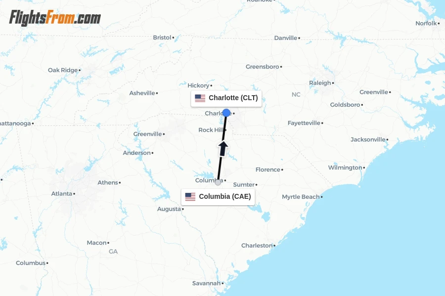 Flights from Columbia to Charlotte route map